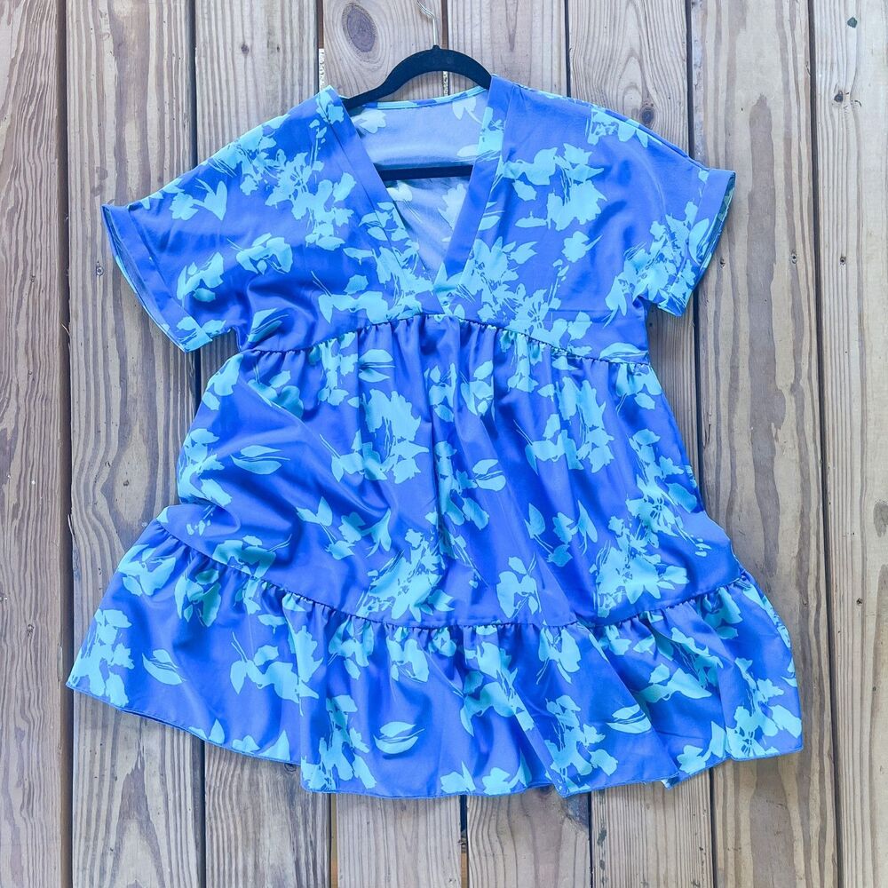 Shein Breezaya Floral Print Ruffle Hem Smock Dress - V Neck - Women's Size Lg